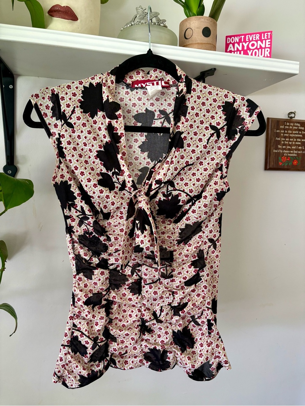 Mystic Pink and Black Floral Tie-Neck Cap Sleeve Blouse